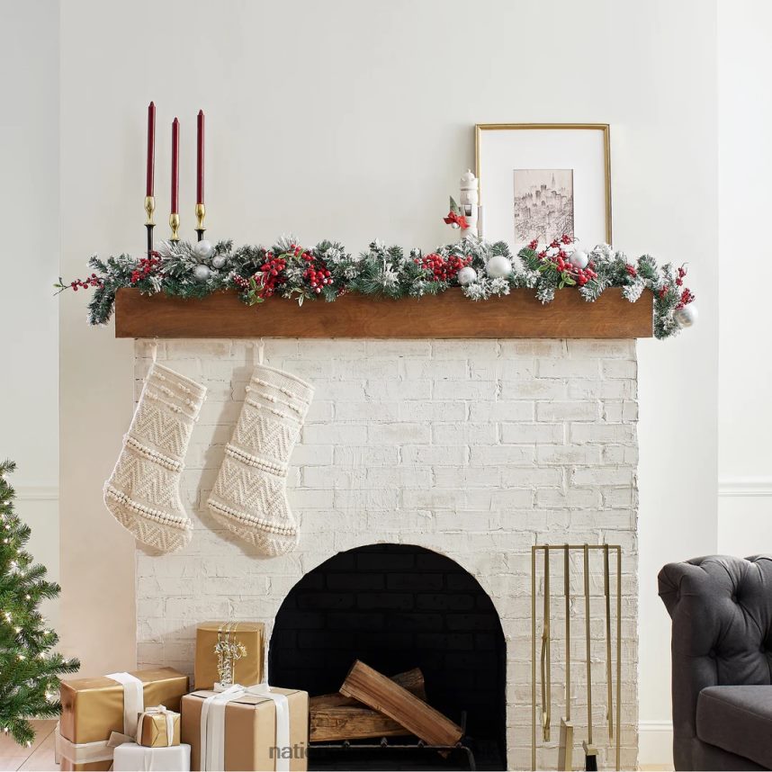 Greenery | National Tree Company Artificial Christmas Garland Silver Evergreen Decorated with Ball Ornaments Berry Clusters Christmas Collection 9 Feet F2L4F354